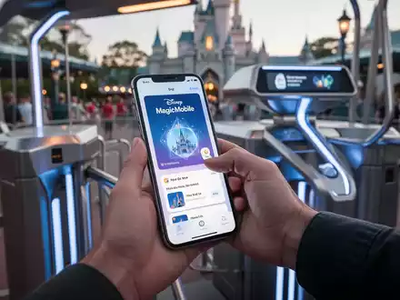 Eine Hand hält ein iPhone mit einem Disney MagicMobile-Pass in Apple Wallet, bereit zum Eintippen in einen Themenpark. - Foto: über boerse-global.de
