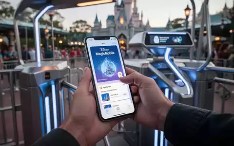 Eine Hand hĂ€lt ein iPhone mit einem Disney MagicMobile-Pass in Apple Wallet, bereit zum Eintippen in einen Themenpark. - Foto: ĂŒber boerse-global.de