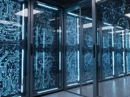Nahaufnahme futuristischer Server-Racks mit blauen Leuchten, die detaillierte Schaltkreiskomponenten in einem Rechenzentrum zeigen. - Foto: über boerse-global.de