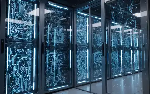 Nahaufnahme futuristischer Server-Racks mit blauen Leuchten, die detaillierte Schaltkreiskomponenten in einem Rechenzentrum zeigen. - Foto: über boerse-global.de