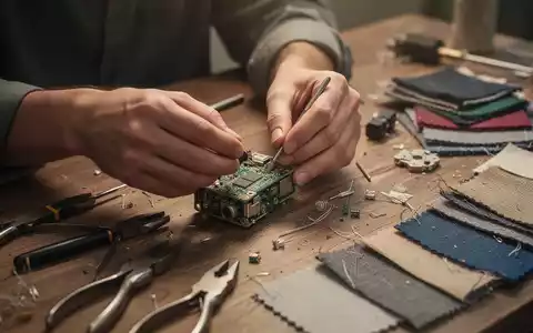 Hände reparieren ein kleines elektronisches Gerät an einem Tisch mit Werkzeugen und Stoffen, symbolisierend Nachhaltigkeit und Kreislaufwirtschaft. - Foto: über boerse-global.de