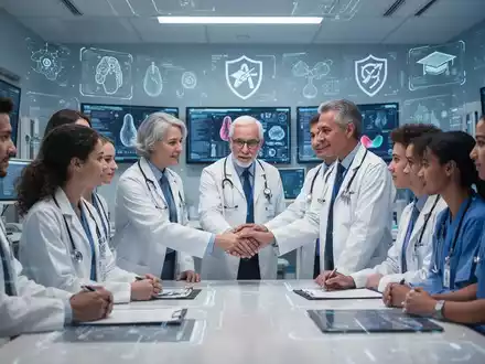 Medizinische Fachkräfte und Studierende arbeiten in einem modernen Krankenhaus zusammen, mit digitalen Bildschirmen und Technologie im Hintergrund. - Foto: über boerse-global.de