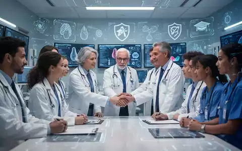 Medizinische Fachkräfte und Studierende arbeiten in einem modernen Krankenhaus zusammen, mit digitalen Bildschirmen und Technologie im Hintergrund. - Foto: über boerse-global.de