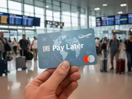 Eine Hand hält eine stilisierte 'Pay Later'-Kreditkarte vor einem unscharfen Flughafen-Abflugbereich, symbolisiert flexible Reisezahlungen. - Foto: über boerse-global.de