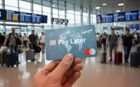 Eine Hand hält eine stilisierte 'Pay Later'-Kreditkarte vor einem unscharfen Flughafen-Abflugbereich, symbolisiert flexible Reisezahlungen. - Foto: über boerse-global.de
