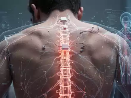 Rücken eines Patienten mit schemenhaften leuchtenden Nervenbahnen unter der Haut, umgeben von einem digitalen Zwillings-Overlay. - Foto: über boerse-global.de