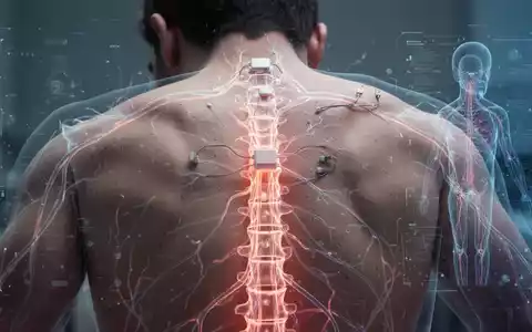 Rücken eines Patienten mit schemenhaften leuchtenden Nervenbahnen unter der Haut, umgeben von einem digitalen Zwillings-Overlay. - Foto: über boerse-global.de