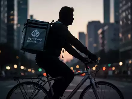 Ein Fahrradkurier mit Lieferrucksack fährt bei Dämmerung durch eine städtische Umgebung, unscharf im Hintergrund. - Foto: über boerse-global.de