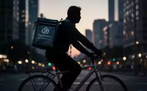 Ein Fahrradkurier mit Lieferrucksack fährt bei Dämmerung durch eine städtische Umgebung, unscharf im Hintergrund. - Foto: über boerse-global.de