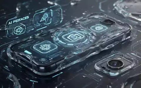 Nahaufnahme eines Smartphones mit einer futuristischen Benutzeroberfläche in Liquid Glass Design, die KI-Funktionen und Kamerasymbole zeigt. - Foto: über boerse-global.de