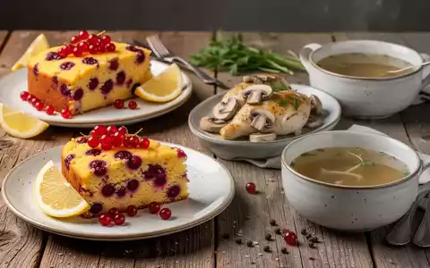 Eine appetitliche Auswahl an kohlenhydratarmen Gerichten, darunter ein Zitronen-Johannisbeer-Kuchen, auf einem Holztisch. - Foto: über boerse-global.de