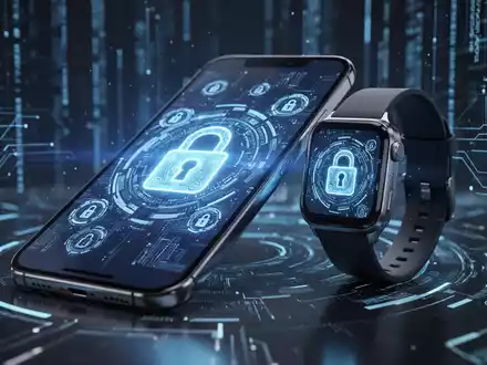 Nahaufnahme eines futuristischen Smartphones und einer Smartwatch mit digitalen Schlosssymbolen, die Sicherheitsupdates und Datenschutz darstellen. - Foto: über boerse-global.de