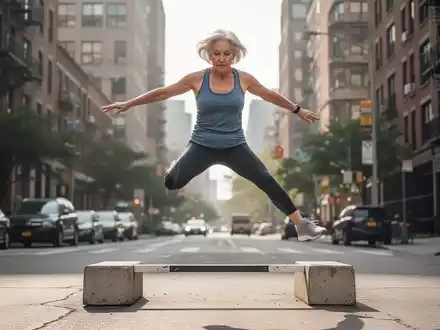 Eine ältere Frau in Sportkleidung springt über ein kleines städtisches Hindernis, zeigt Agilität und Balance beim Parkour-Training. - Foto: über boerse-global.de