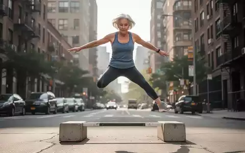 Eine ältere Frau in Sportkleidung springt über ein kleines städtisches Hindernis, zeigt Agilität und Balance beim Parkour-Training. - Foto: über boerse-global.de