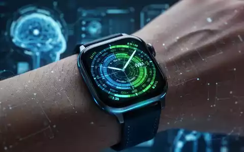 Nahaufnahme einer Smartwatch am Handgelenk mit leuchtend blauen und grünen Gesundheitsdaten, die Edge-KI und Gesundheitsüberwachung symbolisieren. - Foto: über boerse-global.de