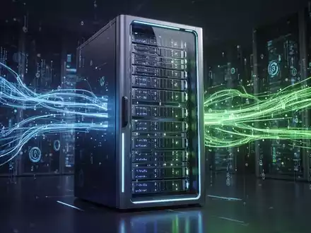 Nahaufnahme eines futuristischen Server-Racks mit blauen und grünen Lichtern, umgeben von abstrakten Datenströmen, die KI-Verarbeitung und -Geschwindigkeit symbolisieren. - Foto: über boerse-global.de
