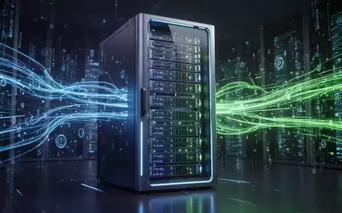 Nahaufnahme eines futuristischen Server-Racks mit blauen und grünen Lichtern, umgeben von abstrakten Datenströmen, die KI-Verarbeitung und -Geschwindigkeit symbolisieren. - Foto: über boerse-global.de