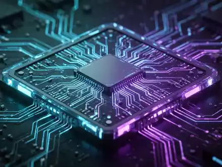 Nahaufnahme eines leuchtenden Mikrochips mit blau-violettem Licht, Symbol für KI-Verarbeitung und Zukunftstechnologie. - Foto: über boerse-global.de
