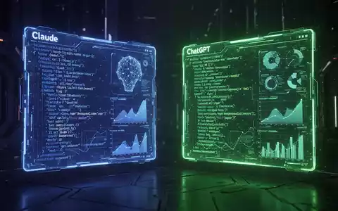 Zwei leuchtende holografische Schnittstellen, eine blau und eine grün, mit komplexem Code, die Claude und ChatGPT im Vergleich zeigen. - Foto: über boerse-global.de