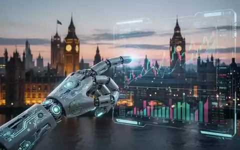 Roboterhand berührt holografischen Bildschirm mit Finanzdaten, Londoner Skyline im Hintergrund. - Foto: über boerse-global.de