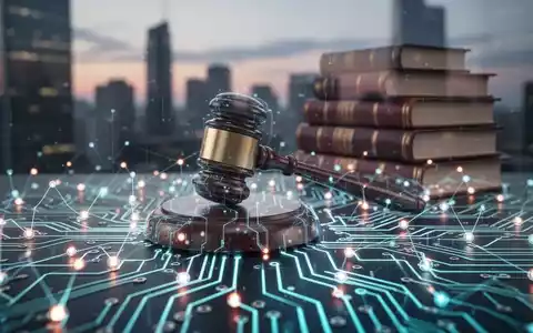 Leuchtende Platine als Symbol für KI, dezent überlagert mit einem Richterhammer, vor verschwommener Stadtsilhouette in der Abenddämmerung. - Foto: über boerse-global.de
