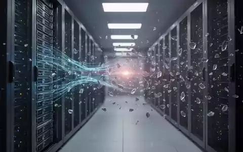 Digitale Datenfragmente, die von einem Serverrack ausgestreut werden, veranschaulichen einen Cybersicherheitsvorfall und Datenleck. - Foto: über boerse-global.de