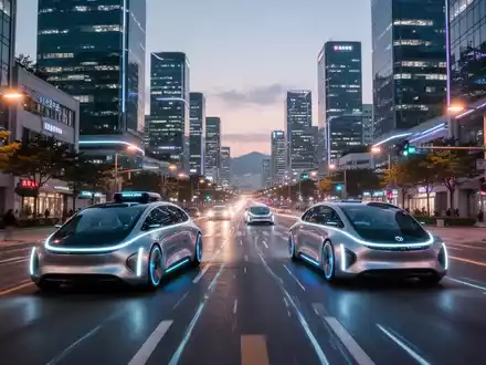 Schlanke, futuristische fahrerlose Autos in einer modernen südkoreanischen Stadtlandschaft in der Dämmerung mit beleuchteten Gebäuden. - Foto: über boerse-global.de