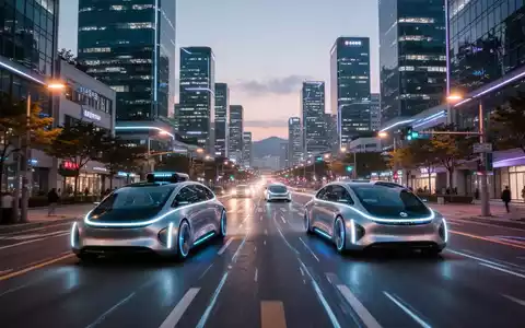 Schlanke, futuristische fahrerlose Autos in einer modernen südkoreanischen Stadtlandschaft in der Dämmerung mit beleuchteten Gebäuden. - Foto: über boerse-global.de