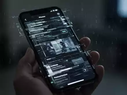 Nahaufnahme eines Smartphone-Bildschirms mit einer verzerrten BenutzeroberflĂ€che und binĂ€rem Code, gehalten von einer Hand. - Foto: ĂŒber boerse-global.de