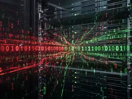 Abstrakte digitale Darstellung von Cybersicherheit, Binärcode fließt über Server-Racks, symbolisiert Schwachstellen und Patches. - Foto: über boerse-global.de