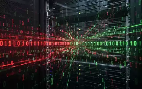 Abstrakte digitale Darstellung von Cybersicherheit, Binärcode fließt über Server-Racks, symbolisiert Schwachstellen und Patches. - Foto: über boerse-global.de