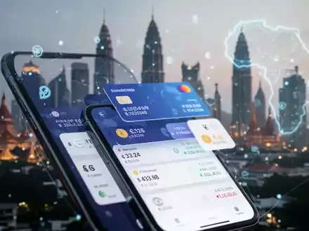 Smartphone mit Digital-Wallet-App und Währungssymbolen, unscharfe Stadtansichten Südostasiens und Afrikas im Hintergrund. - Foto: über boerse-global.de