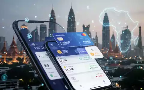 Smartphone mit Digital-Wallet-App und Währungssymbolen, unscharfe Stadtansichten Südostasiens und Afrikas im Hintergrund. - Foto: über boerse-global.de