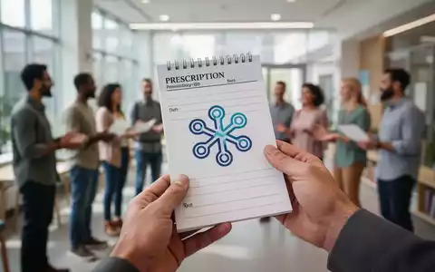 Eine Hand hält einen Rezeptblock mit einem stilisierten Symbol für Gemeinschaft, im Hintergrund verschwommen Menschen in einem Gemeindezentrum. - Foto: über boerse-global.de
