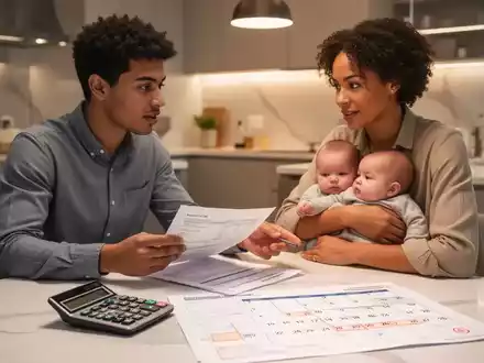 Ein junges Paar mit Baby am Küchentisch, das Finanzdokumente und einen Kalender zur Elterngeld-Planung bespricht. - Foto: über boerse-global.de