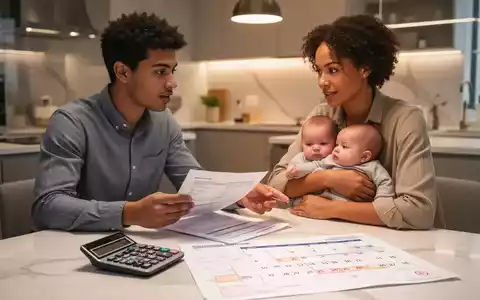 Ein junges Paar mit Baby am Küchentisch, das Finanzdokumente und einen Kalender zur Elterngeld-Planung bespricht. - Foto: über boerse-global.de