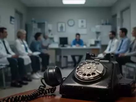 Ein unscharfes Bild eines alten Telefonhörers im Vordergrund, während im Hintergrund ein Wartezimmer einer Arztpraxis verschwommen zu sehen ist. - Foto: über boerse-global.de