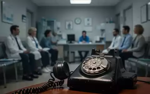 Ein unscharfes Bild eines alten Telefonhörers im Vordergrund, während im Hintergrund ein Wartezimmer einer Arztpraxis verschwommen zu sehen ist. - Foto: über boerse-global.de