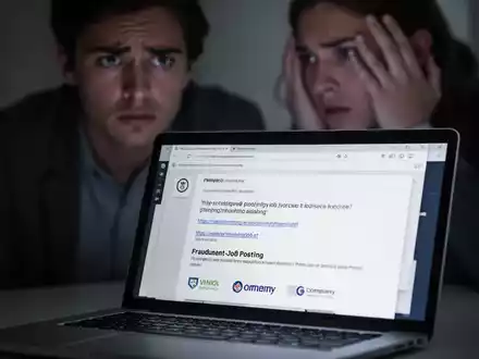 Nahaufnahme eines Laptop-Bildschirms mit betrügerischer Job-E-Mail, im Hintergrund verschwommenes, besorgtes Gesicht. - Foto: über boerse-global.de