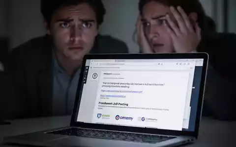 Nahaufnahme eines Laptop-Bildschirms mit betrügerischer Job-E-Mail, im Hintergrund verschwommenes, besorgtes Gesicht. - Foto: über boerse-global.de