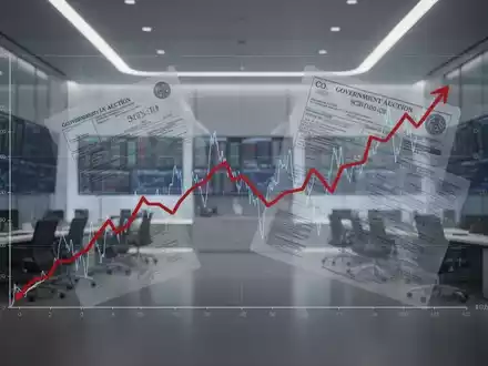 Abstürzender Finanzgraph mit stilisierten Auktionsdokumenten in einem modernen Handelsraum, der fallende Kurse darstellt. - Foto: über boerse-global.de