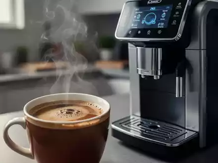 Eine Tasse dampfender Kaffee neben einem modernen Kaffeevollautomaten, mit Fokus auf die Textur des Kaffees. - Foto: über boerse-global.de