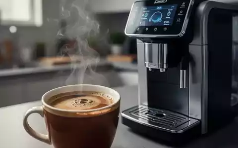 Eine Tasse dampfender Kaffee neben einem modernen Kaffeevollautomaten, mit Fokus auf die Textur des Kaffees. - Foto: über boerse-global.de