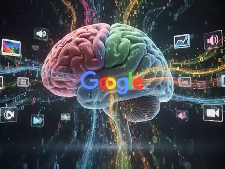 Digitale Grafik zeigt Nutzerdaten, darunter Bilder und Audio, die in ein KI-Gehirn fließen – symbolisiert Googles Datennutzung. - Foto: über boerse-global.de