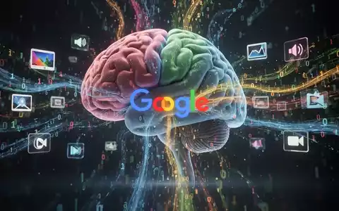 Digitale Grafik zeigt Nutzerdaten, darunter Bilder und Audio, die in ein KI-Gehirn fließen – symbolisiert Googles Datennutzung. - Foto: über boerse-global.de
