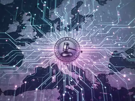 Leuchtende neuronale Netzwerkplatine über einer dezenten Europakarte, Datenströme fließen zu einem zentralen Autoritätssymbol. - Foto: über boerse-global.de