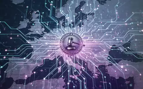 Leuchtende neuronale Netzwerkplatine über einer dezenten Europakarte, Datenströme fließen zu einem zentralen Autoritätssymbol. - Foto: über boerse-global.de