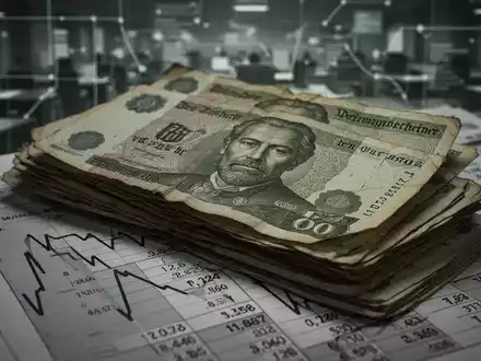 Ein Stapel alter deutscher Banknoten liegt auf einem Finanzbuch, das sinkende Zahlen zeigt, symbolisiert die Rentenversicherungsschulden des Staates. - Foto: über boerse-global.de