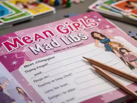 Nahaufnahme eines offenen 'Mean Girls Mad Libs'-Buchs mit Bleistift, umgeben von unscharfen Brettspielelementen. - Foto: über boerse-global.de