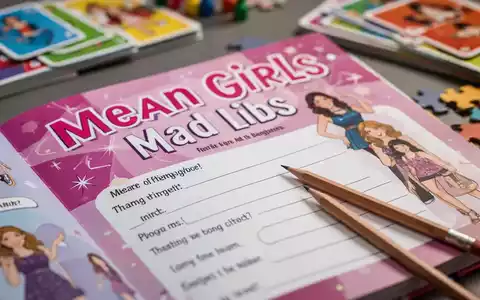 Nahaufnahme eines offenen 'Mean Girls Mad Libs'-Buchs mit Bleistift, umgeben von unscharfen Brettspielelementen. - Foto: über boerse-global.de